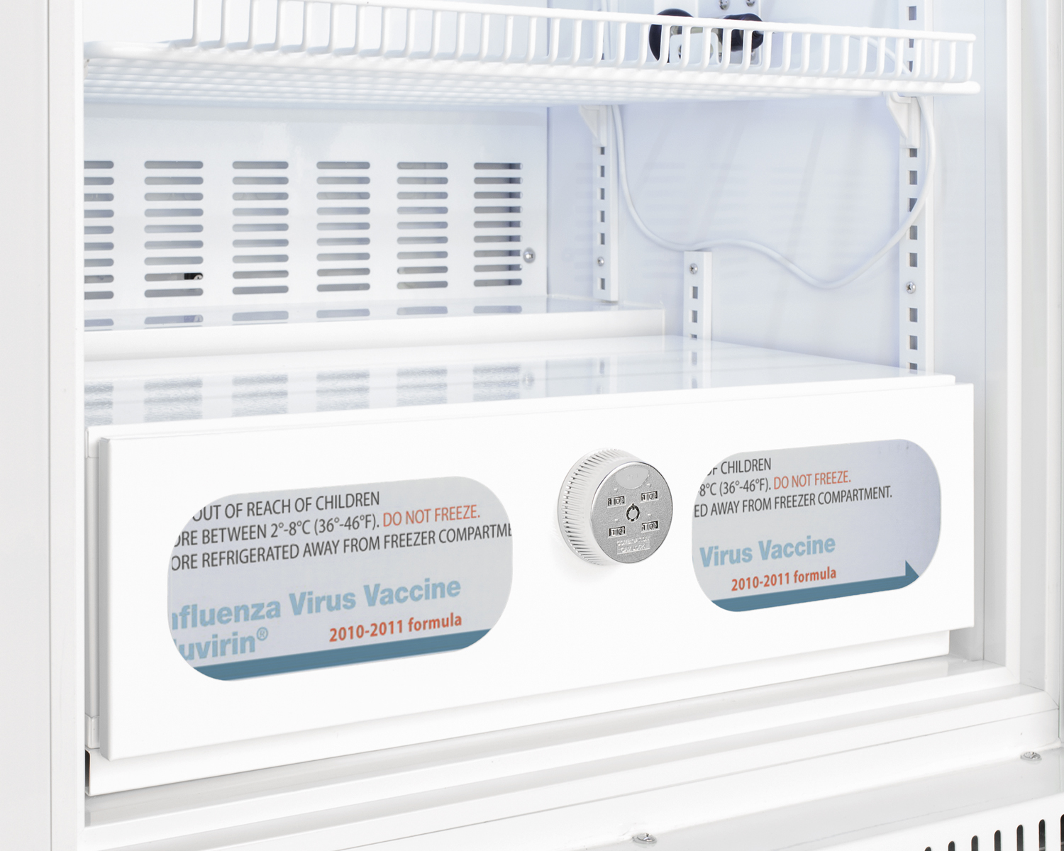 Interior locking compartment with combination lock and front windows for use with select Accucold and Summit refrigerators